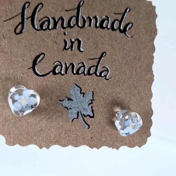Handmade Heart Shape Real Forget Me Not Earrings/Forget-me-not stud earrings - Picture 7 of 7